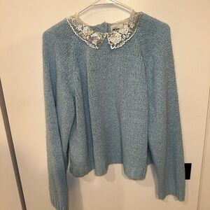 Vintage Blue Sweater with Lace Collar Size Medium